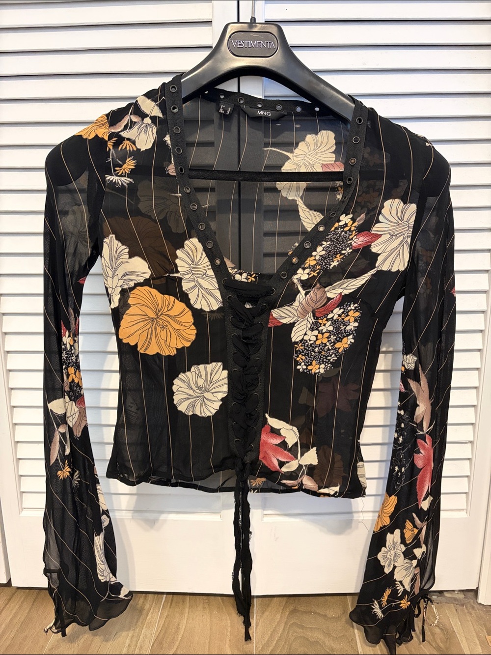 Mango Black Sheer Floral Lace-Up Pinstripe Blouse